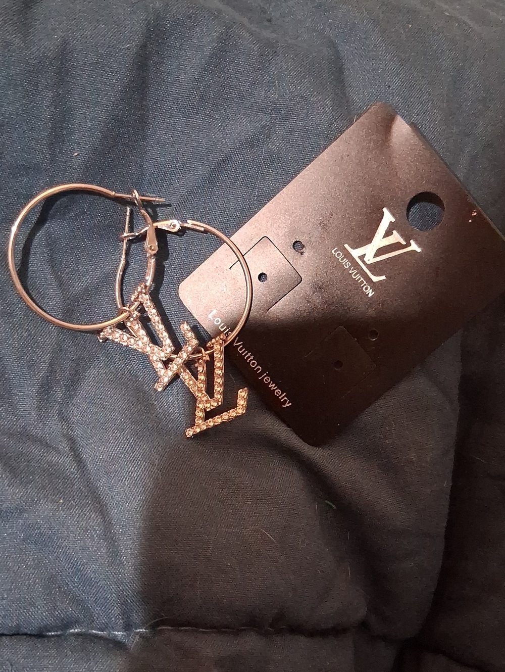 Louis Vuitton Silver Crystal LV Initials Dangle Hoop Earrings